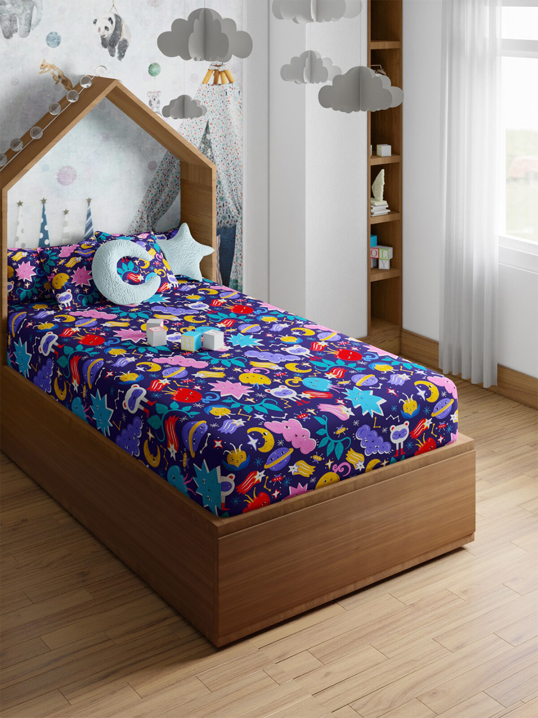 PETAL HOME Navy Blue Conversational Cotton Skin-Friendly 200 TC Single Fine Bedsheet with a Pillow Cover-87 x 60 inches