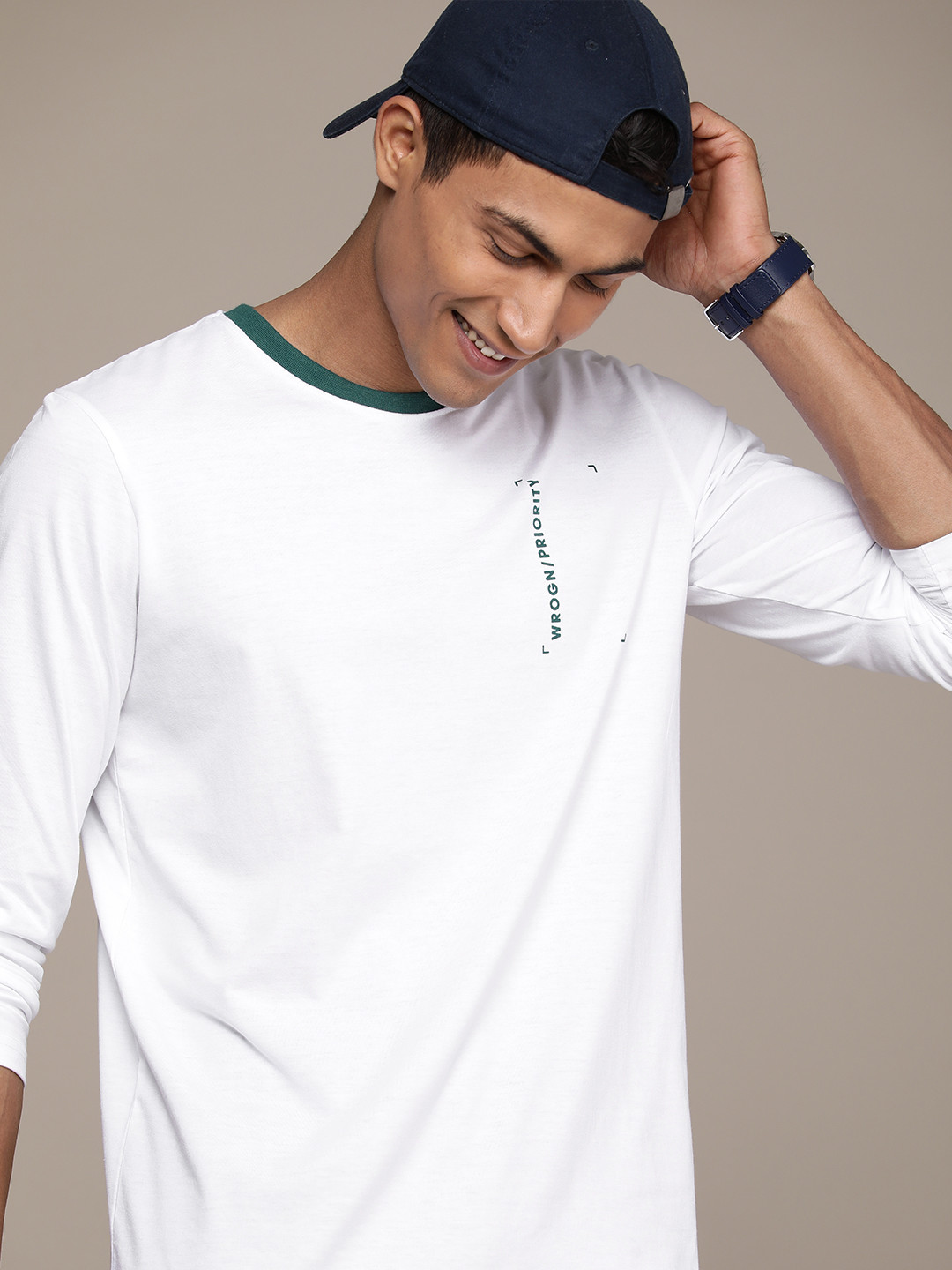 WROGN Solid With Typography Detail Long Sleeves Slim Fit T-shirt