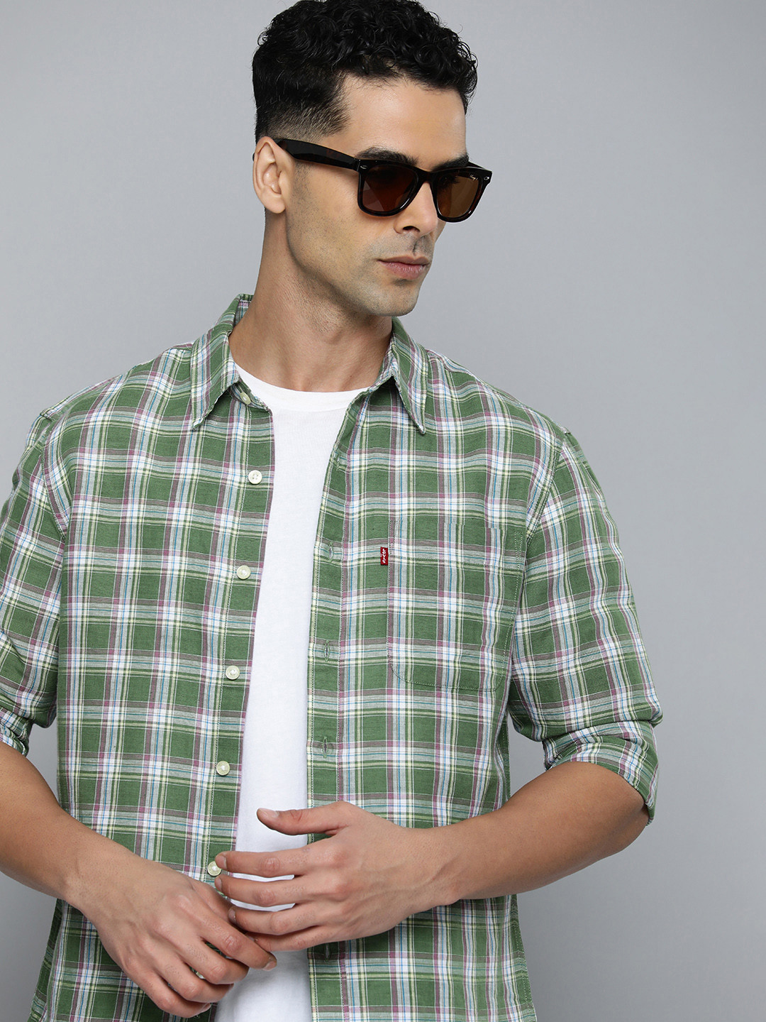 Levis Linen Cotton Slim Fit Tartan Checked Casual Shirt