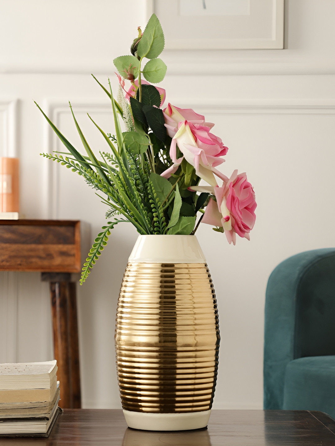 Decor de Maison Regal Gold Toned Metal Banded Enamel Flower Vase