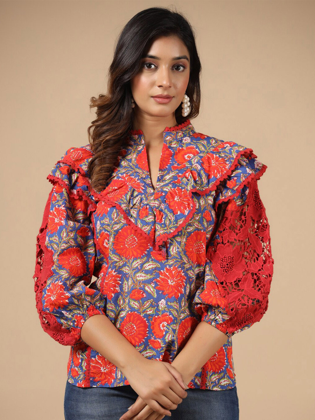 SAVI Red Floral Printed Mandarin Collar Puff Sleeve Cotton Top