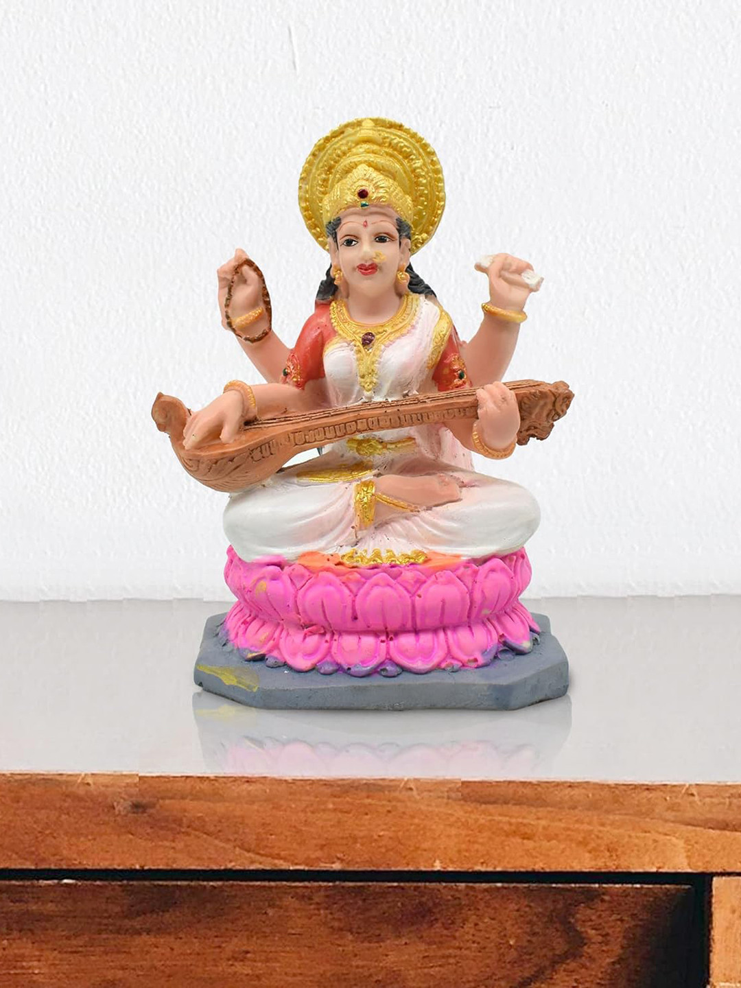 PujaNPujari Saraswati White Polyresin Glossy Prayer Room Small Showpiece - 5.5 Inches