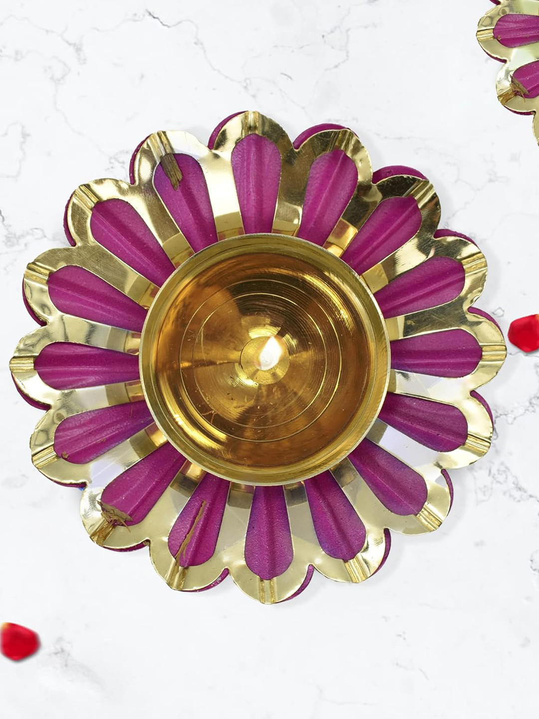 PujaNPujari Brown & Pink Textured Lotus Brass Diya
