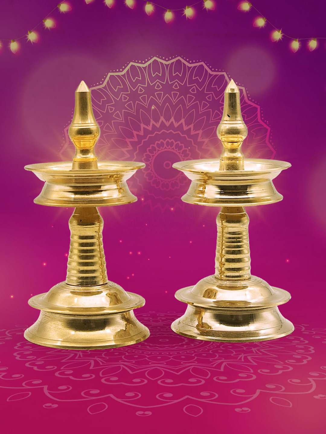PujaNPujari Gold Toned & Brown 2 Pieces Textured Diya Kerala Brass Oil Lamp