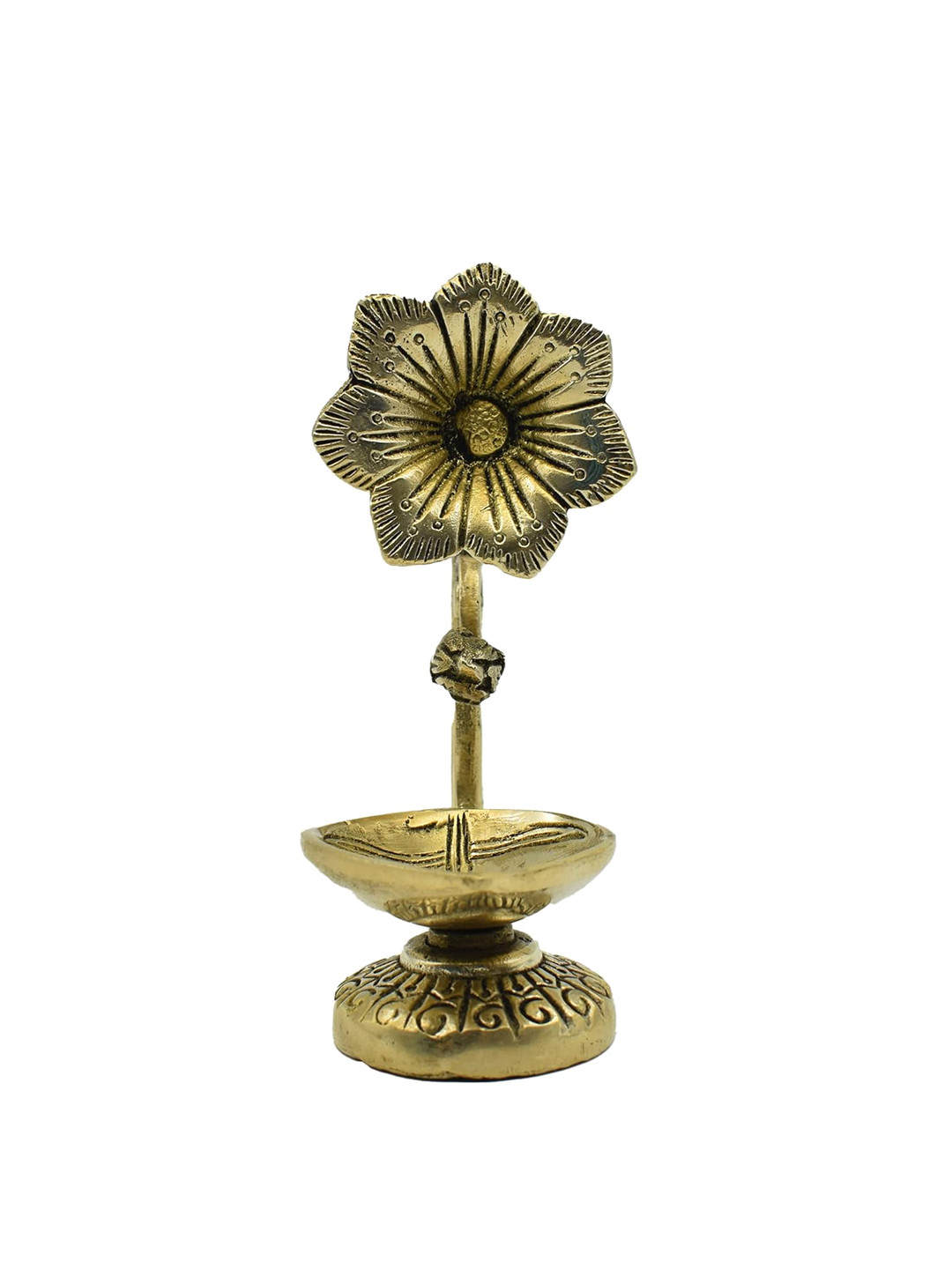 PujaNPujari Gold Toned & Brown Textured Brass Flower Design Standing Table Diya