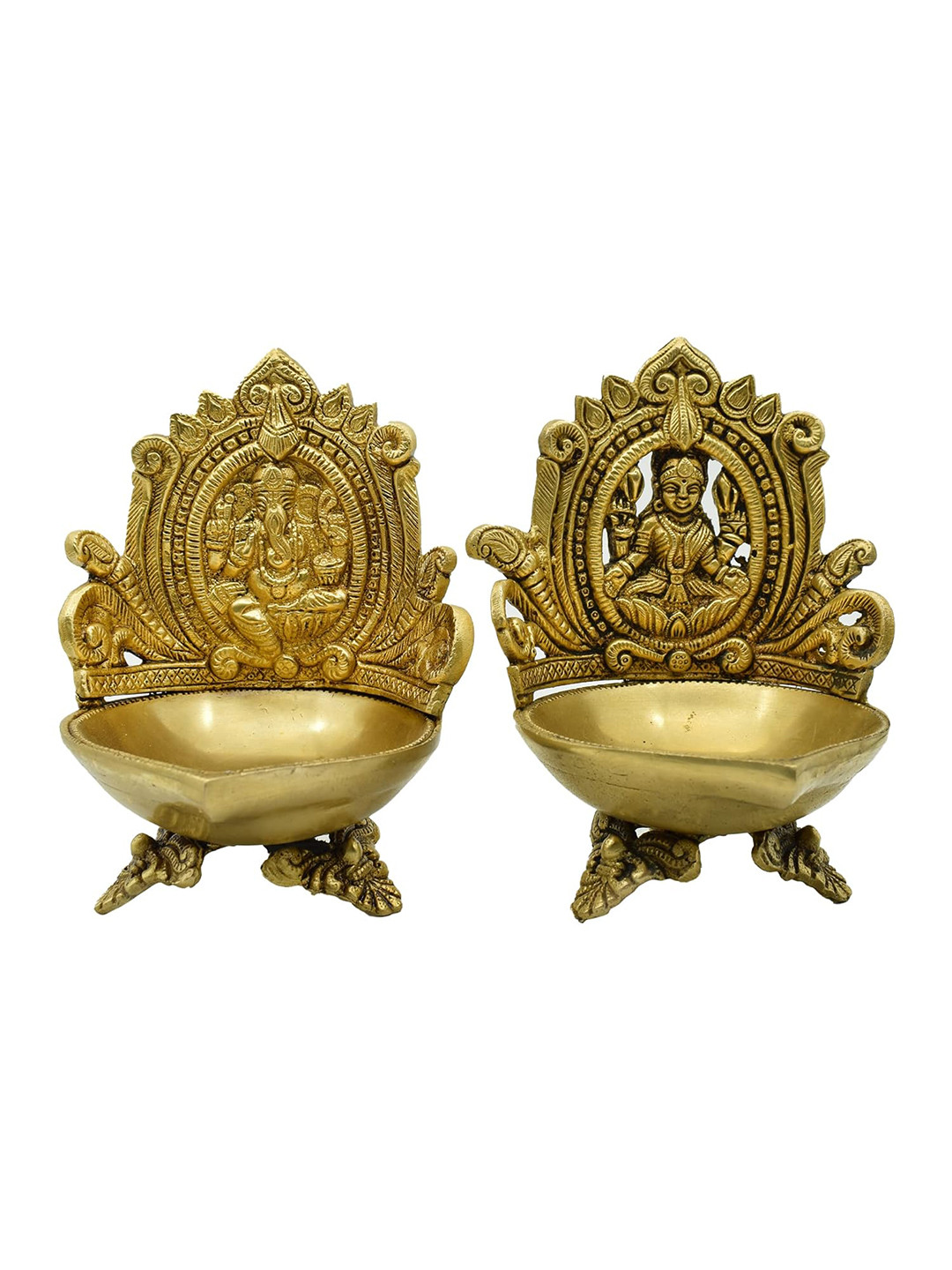 PujaNPujari Gold Toned & Brown 2 Pieces Textured Brass Lakshmi Ganesh Table Diya