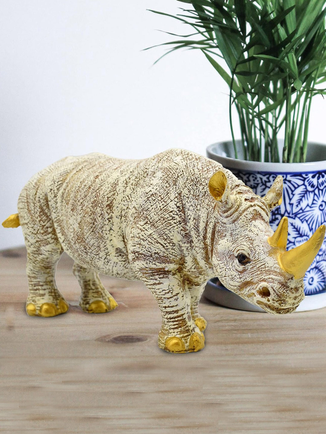 PujaNPujari Rhino Brown Polyresin Glossy Garden Medium Showpiece - 5.5 Inches
