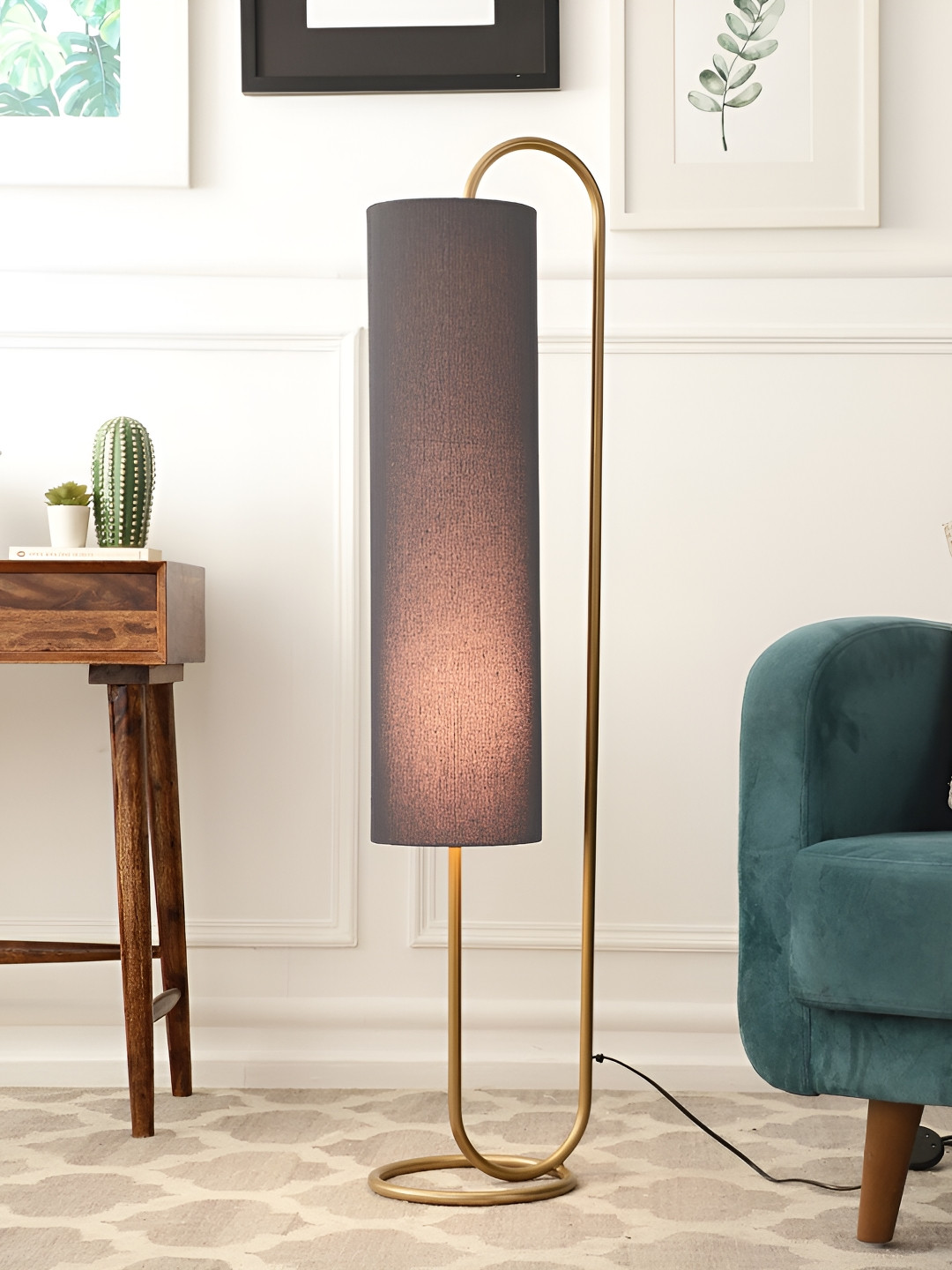 Decor de Maison Graceful Grey & Gold-Toned Cylinder Contemporary Curve Floor Lamp & Stand