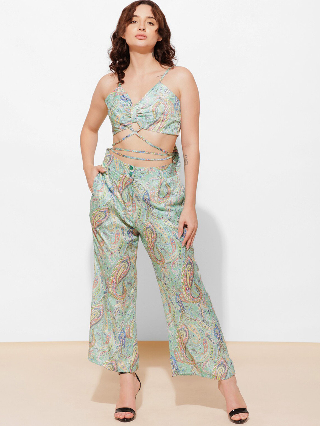 Urban Sundari Paisley Printed Crop Top With High Waist Trouser