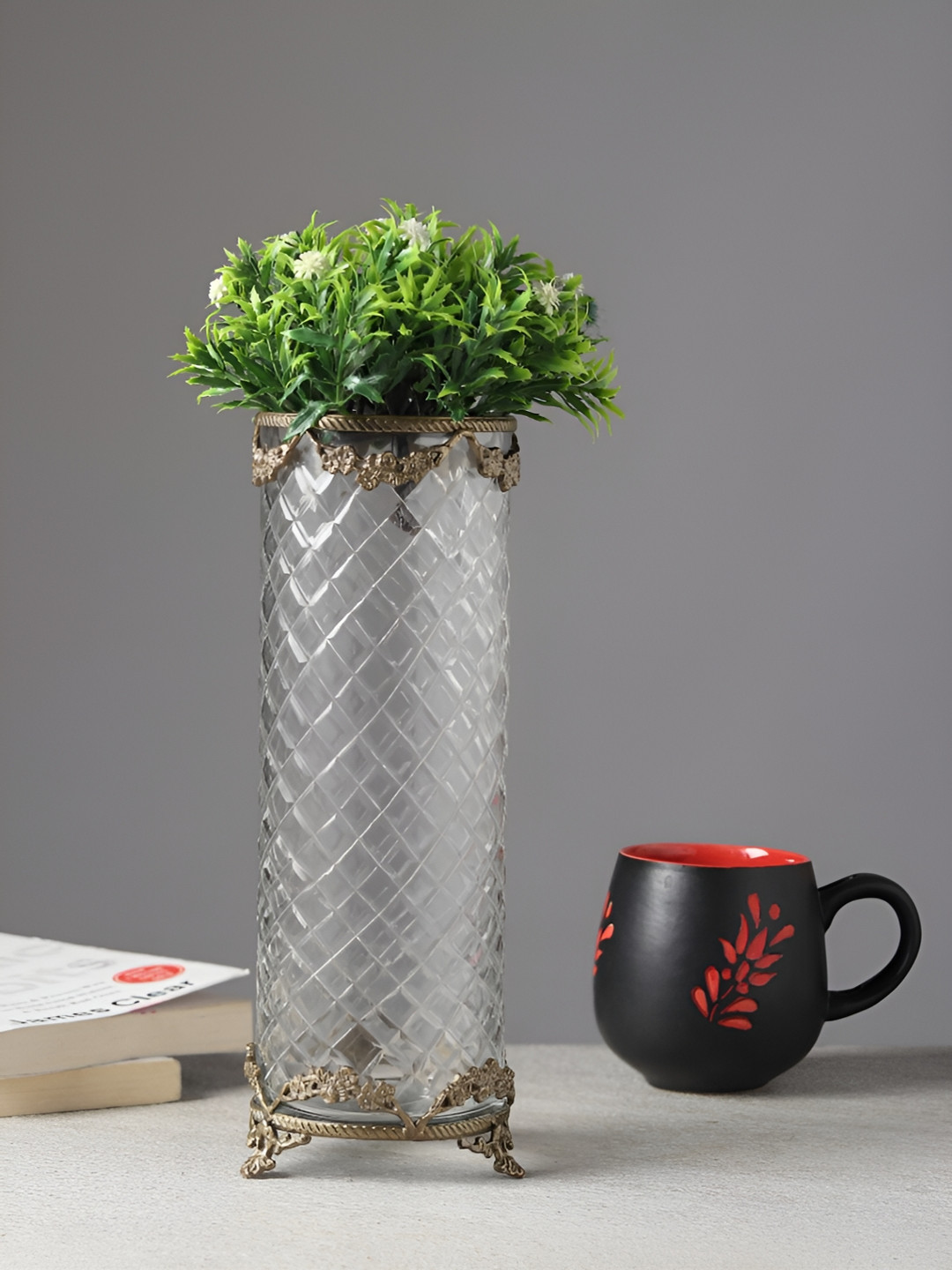 Decor de Maison GoldToned & White Botanic Trim Glass Vase