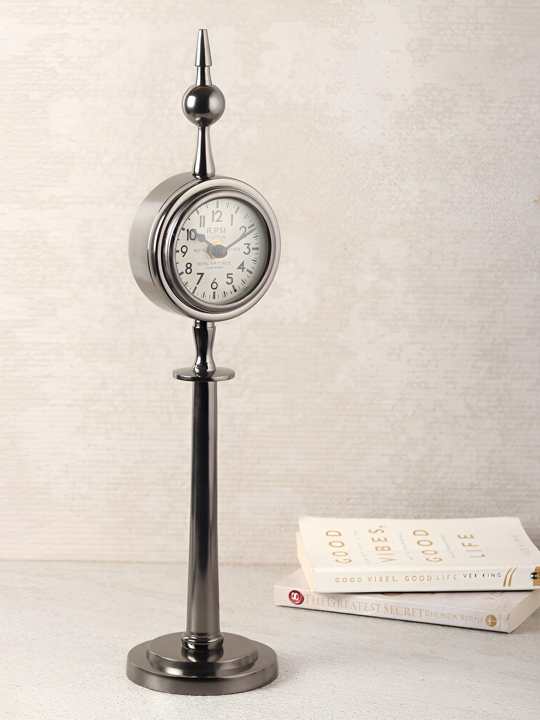 Decor de Maison  Silver Toned & Black Printed Round Contemporary Table Clock