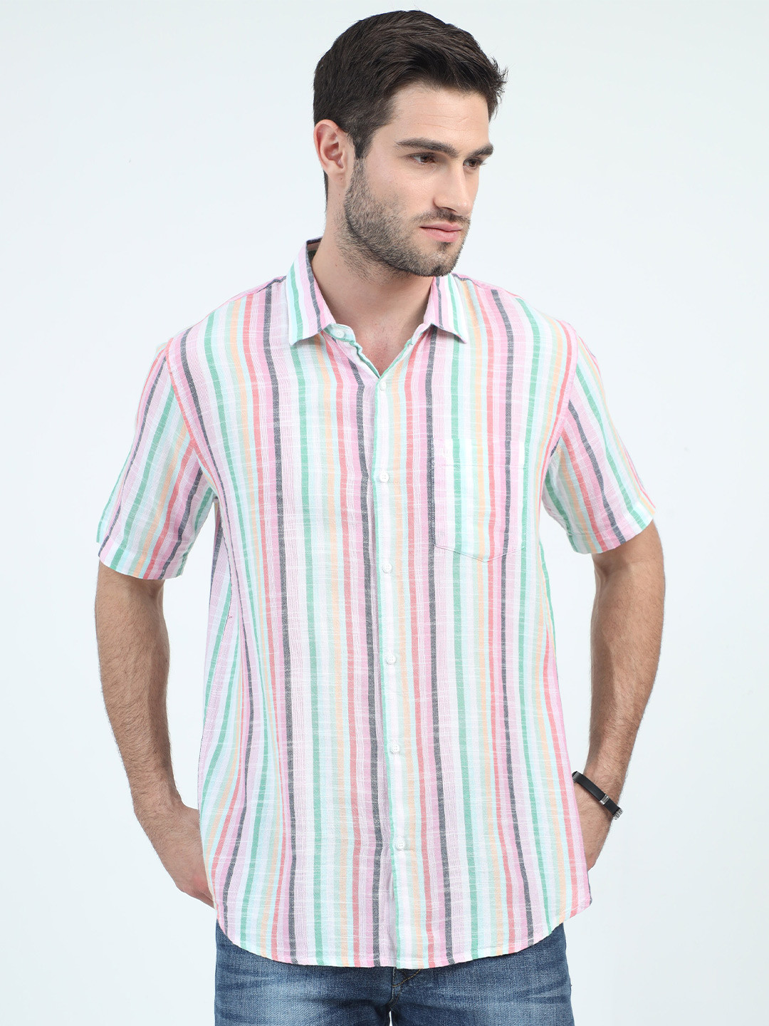 URBARO Spread Collar Smart Slim Fit Striped Casual Pure Cotton Shirt