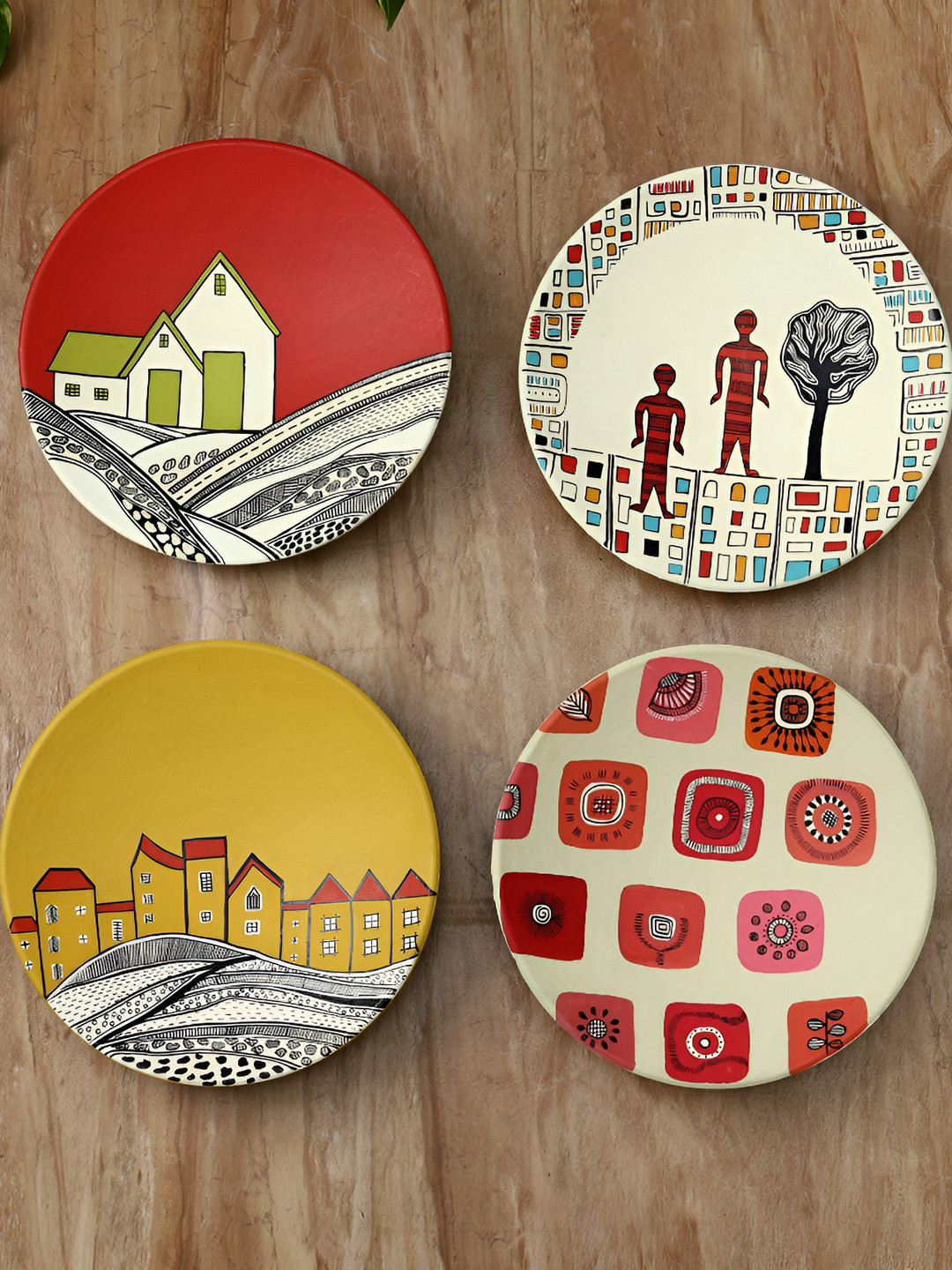 ARTYSTA BEAUTIFYING LIVES Clay Floral Glossy Hanging Hall 4Pcs Wall Plates-9.4In