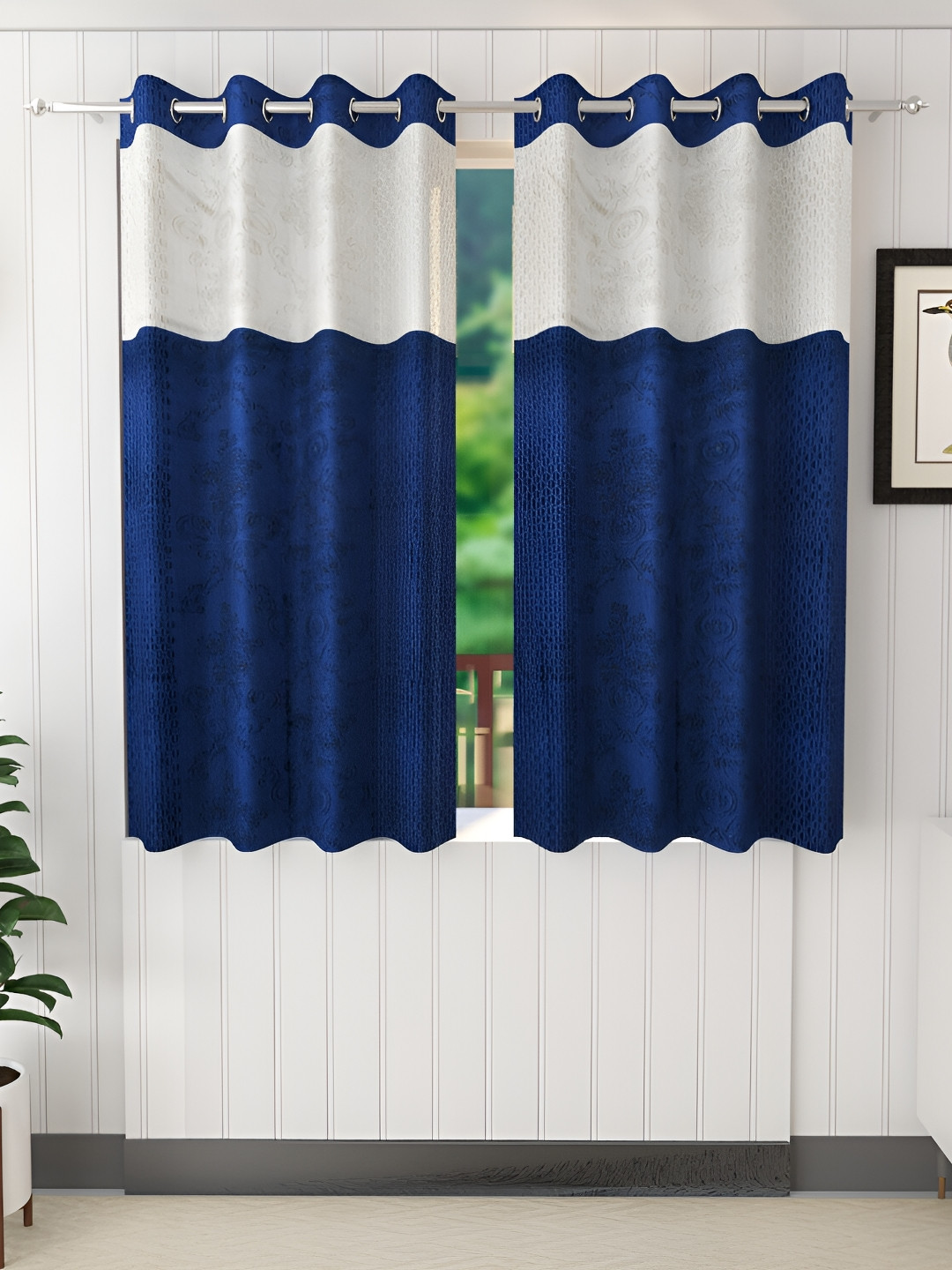 Ville Style Blue & White 2 Pieces Ethnic Motifs Room Darkening Window Curtains