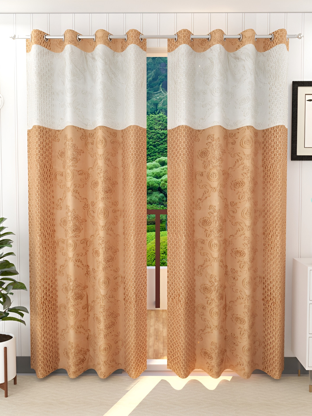 Ville Style Gold Toned & White 2 Pieces Ethnic Motifs Room Darkening Door Curtains