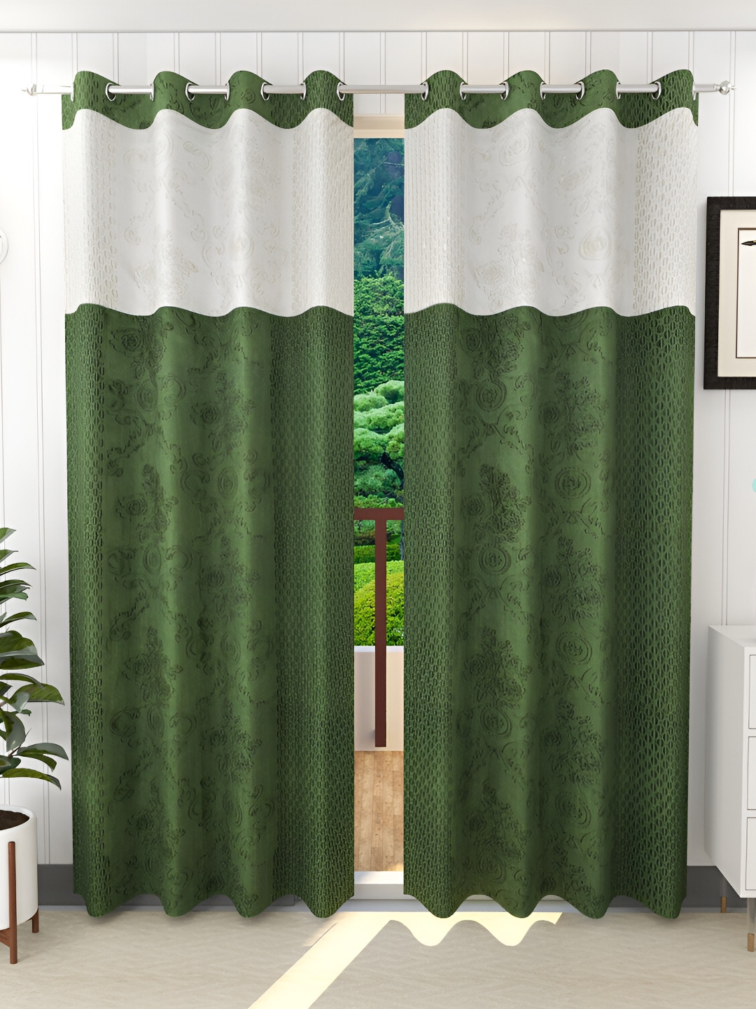 Ville Style Green & White 2 Pieces Ethnic Motifs Room Darkening Door Curtains