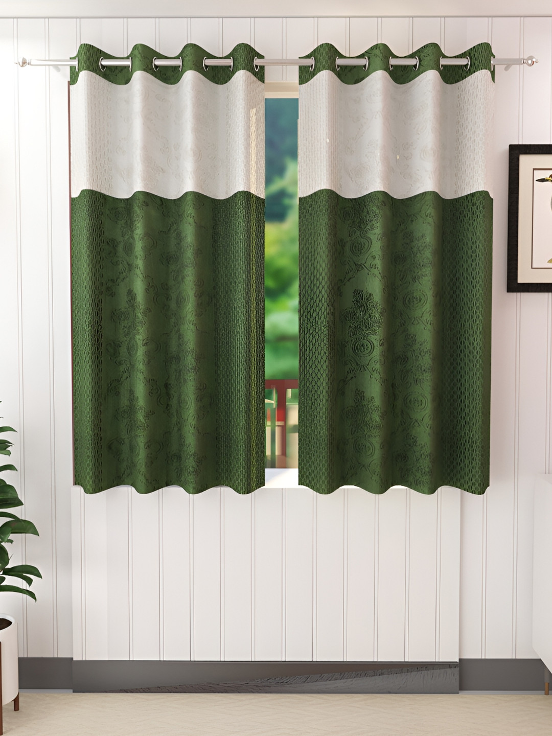 Ville Style Green & White 2 Pieces Ethnic Motifs Room Darkening Window Curtains