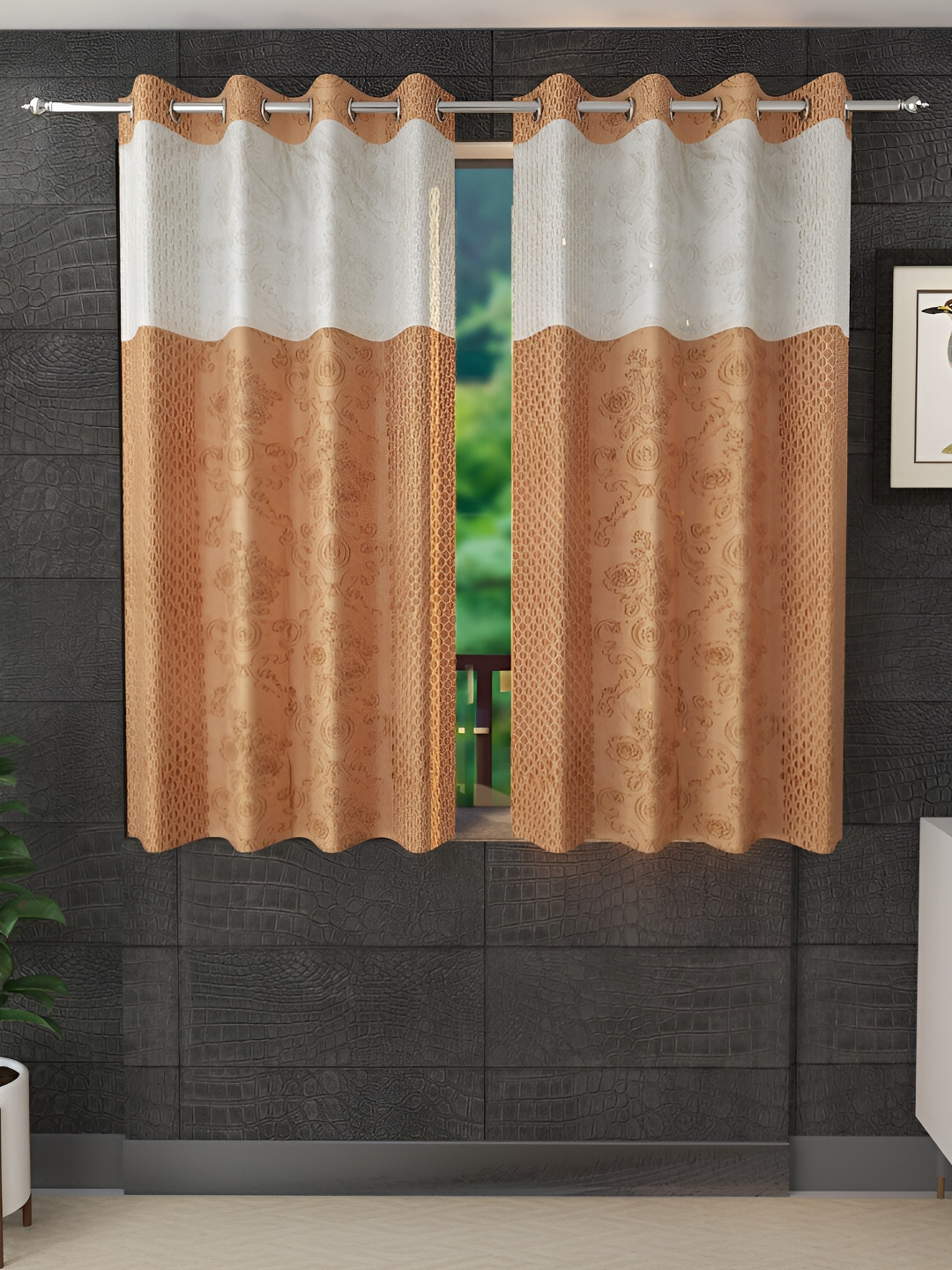 Ville Style Gold Toned & White 2 Pieces Ethnic Motifs Room Darkening Window Curtains