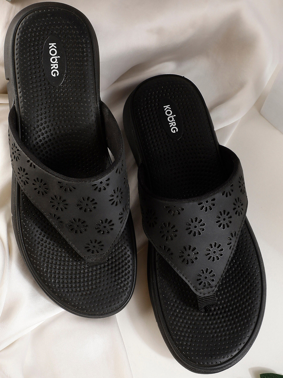 Koburg Serene Textured Open Toe Flats With Laser Cuts