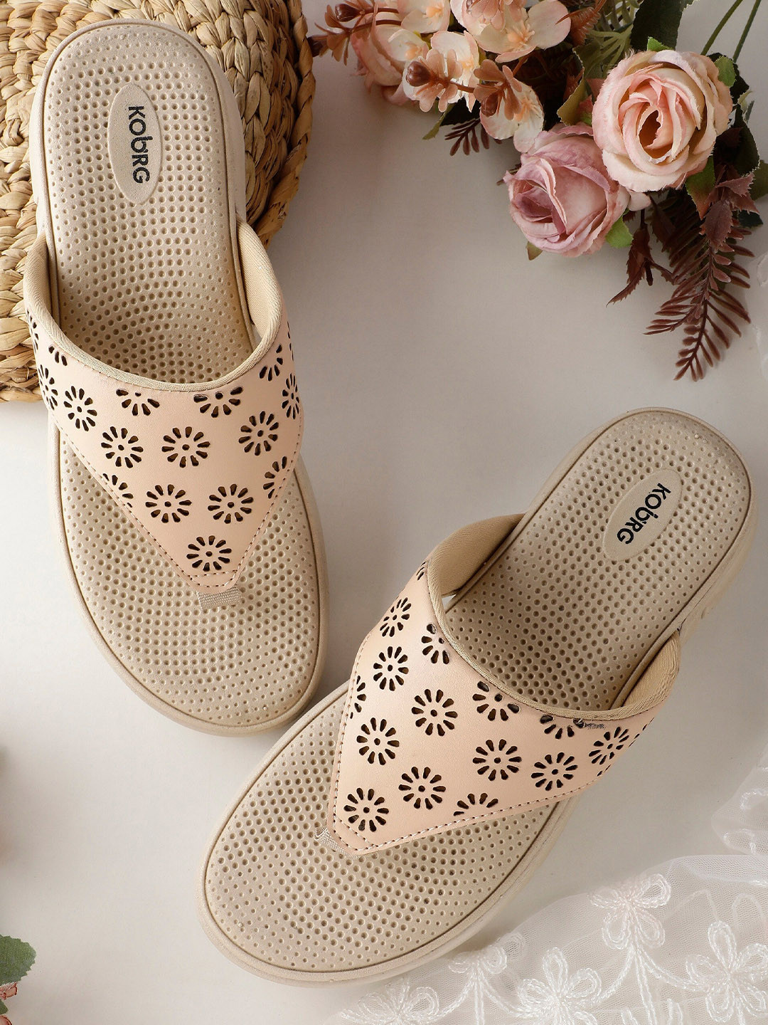 Koburg Serene Embellished Open Toe Flats with Laser Cuts