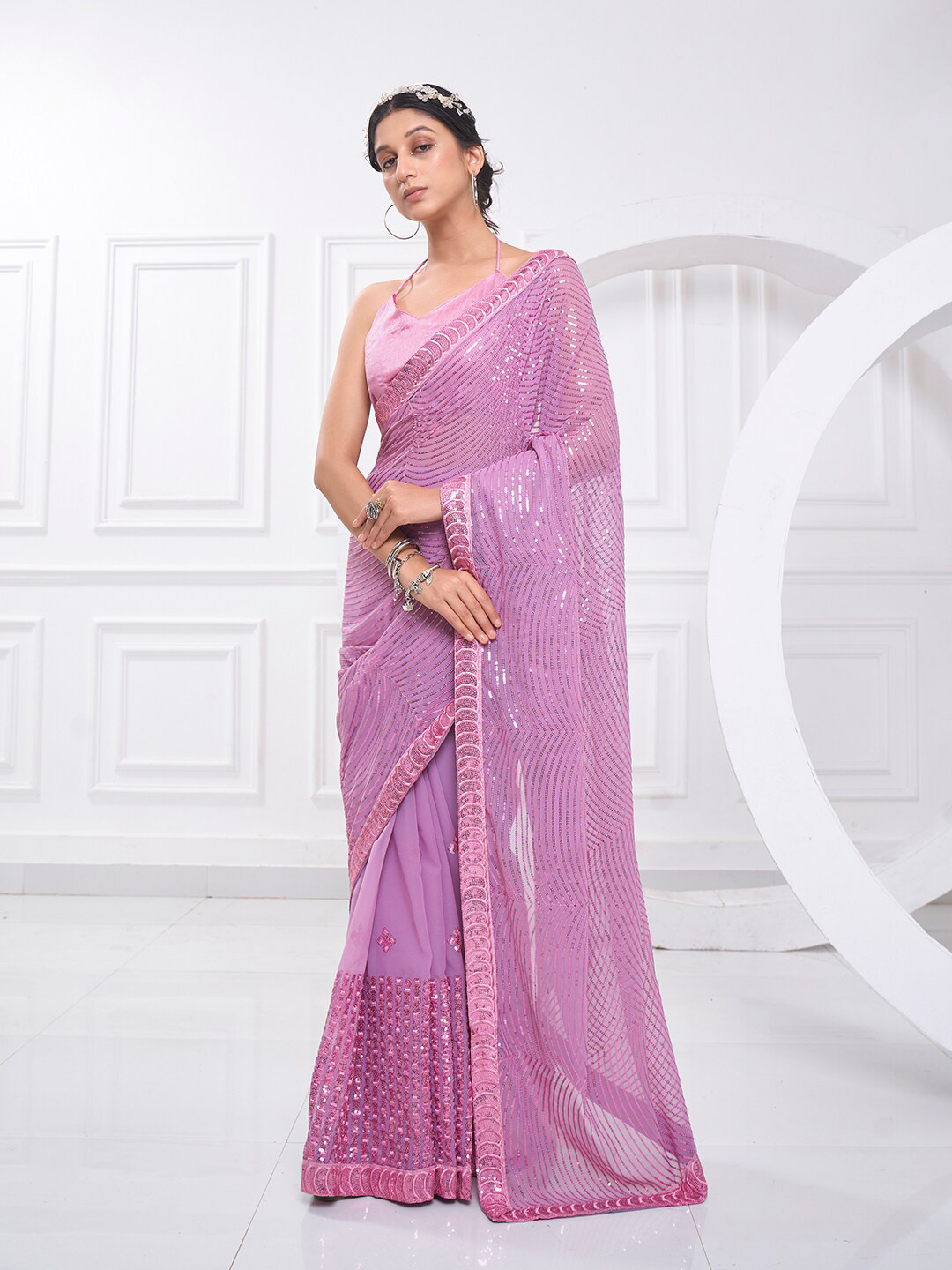 Mitera Lavender Embellished Sequinned Pure Georgette Designer Saree