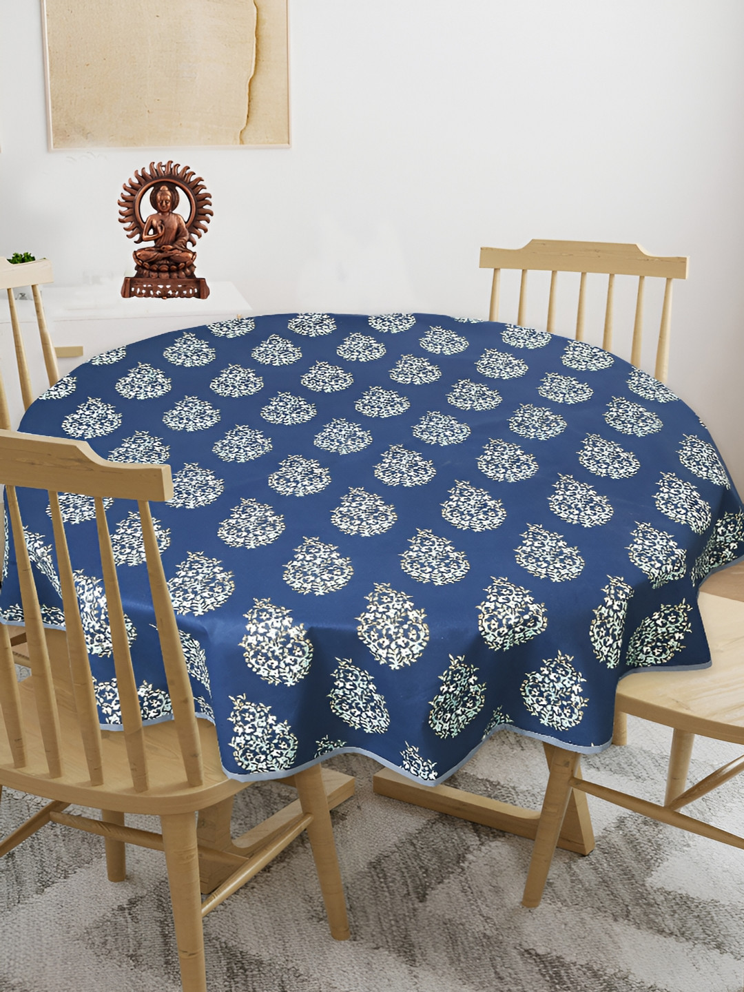 Texstylers Navy Blue & White Floral Printed Cotton Round 4-Seater Anti-Slip Table Cover