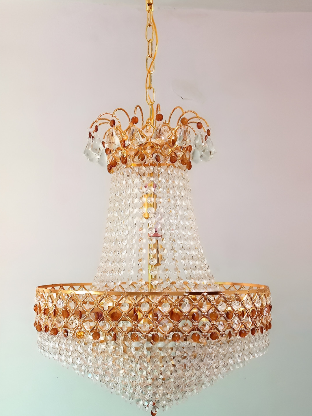 SHRI MAHAL ANTIQUES Gold Toned Textured Metal Led Crystal Big Size Jhumar Ceiling Lamp