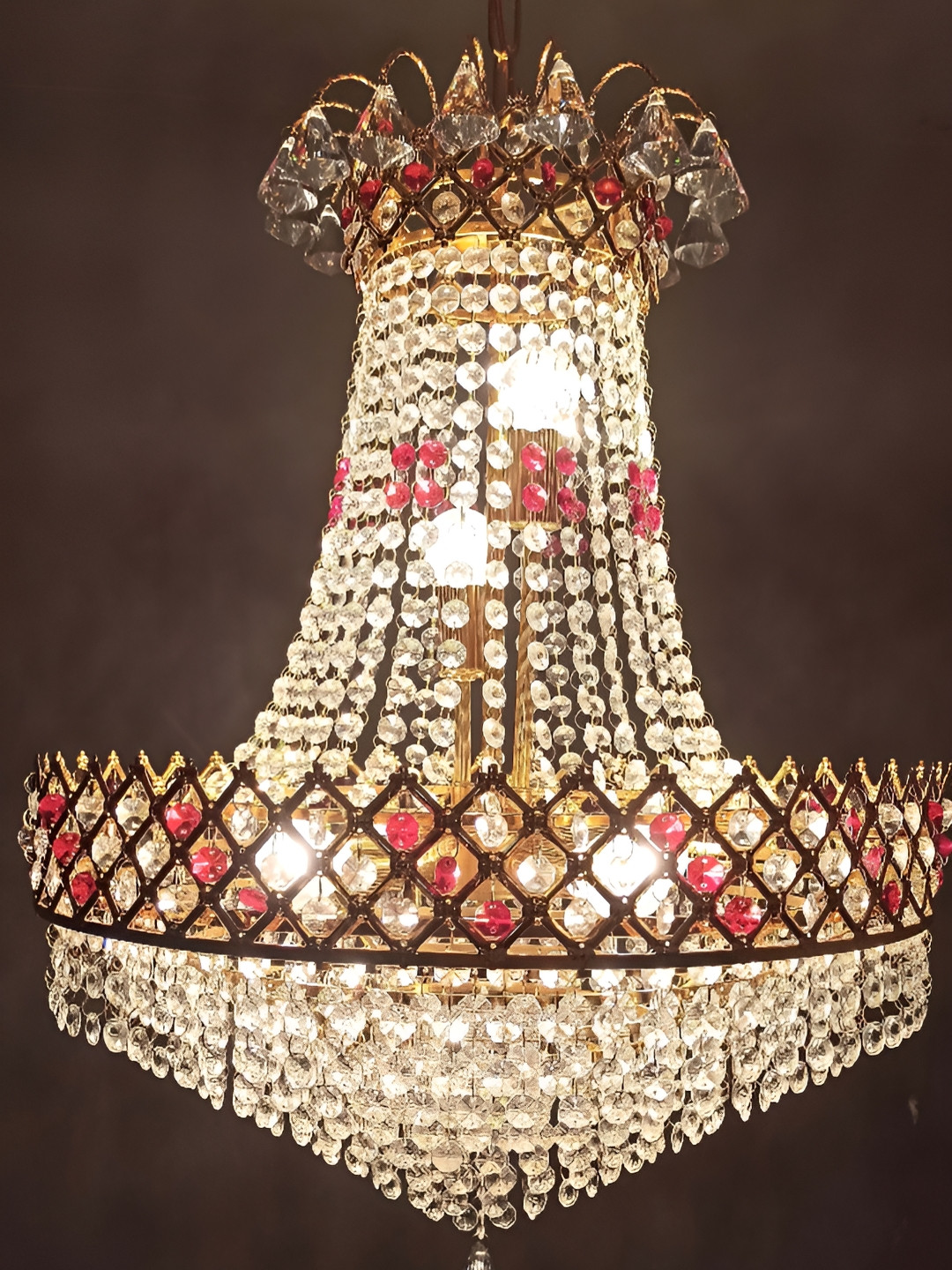 SHRI MAHAL ANTIQUES Gold Toned & Red Textured Metal Crystal Big Size Jhumar Ceiling Lamp