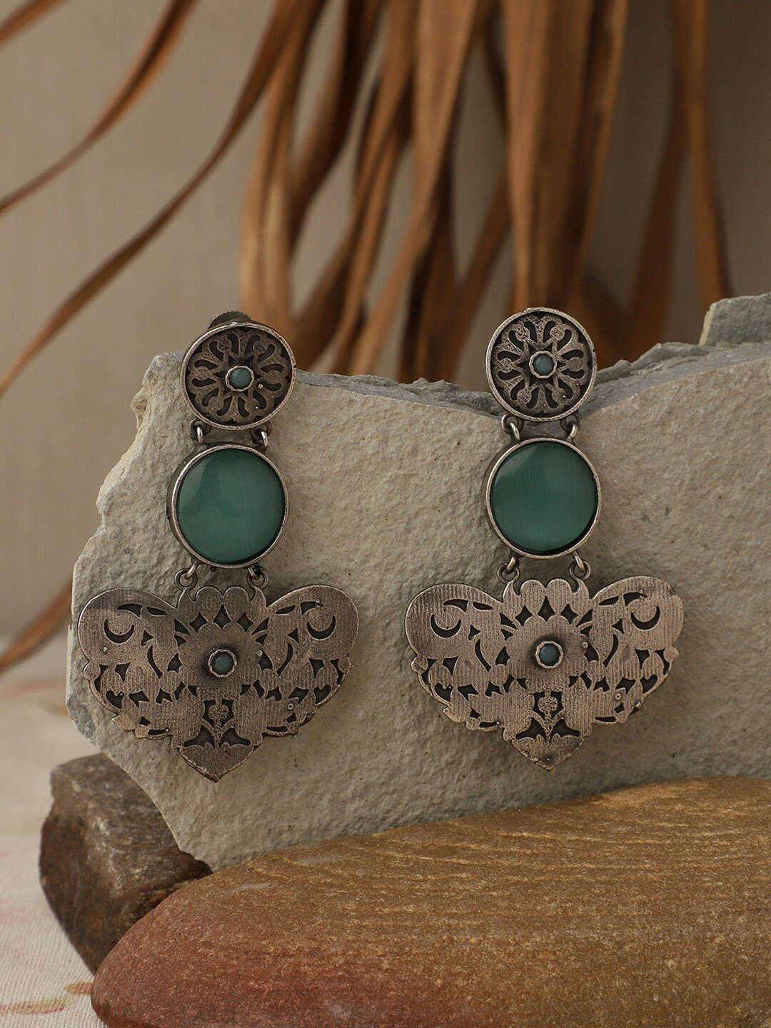PATOLA BY VJ Silver-Plated Stone-Studded Oxidised Contemporary Drop Earrings