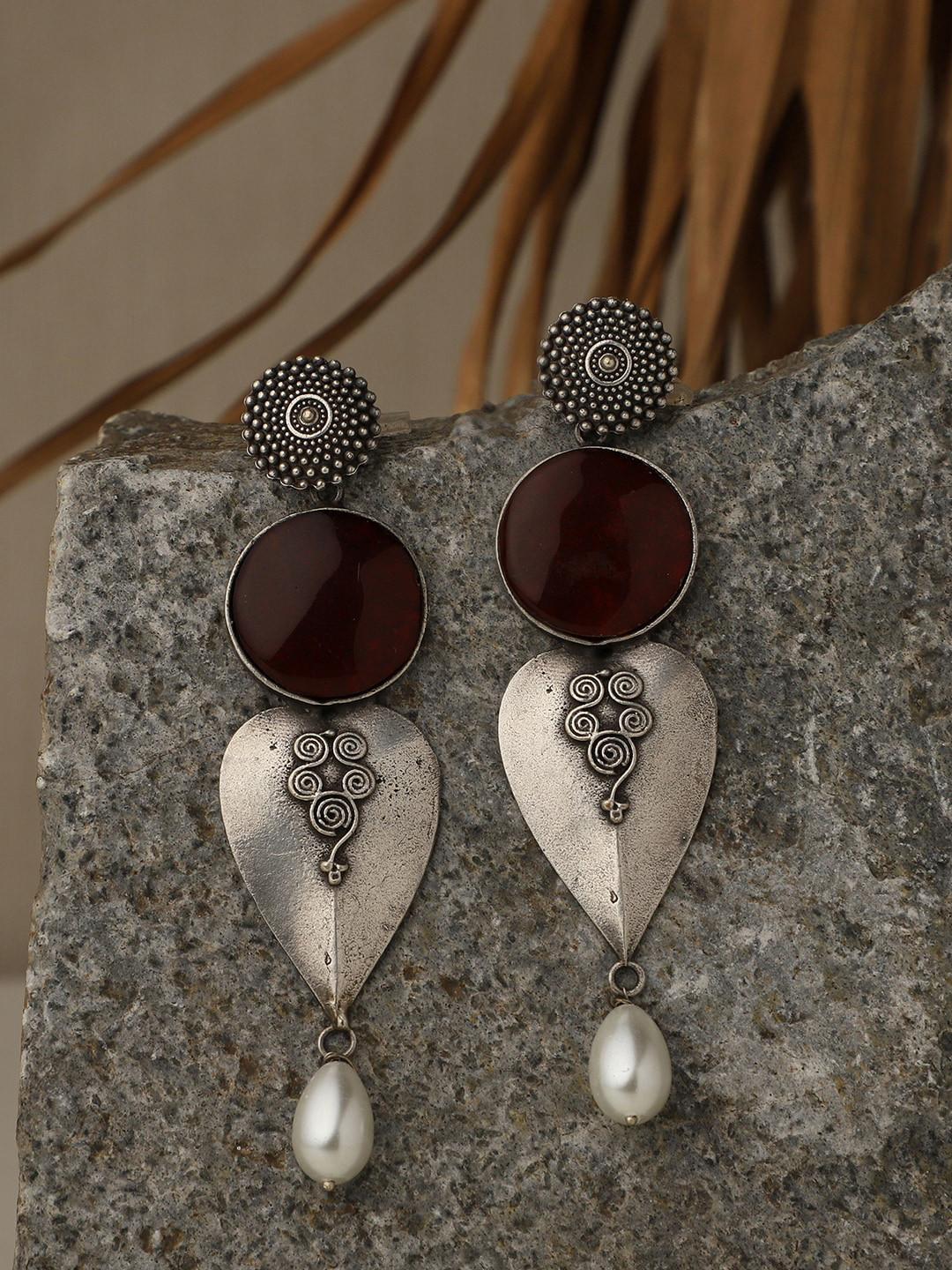 PATOLA BY VJ Silver-Plated Beads & Stone Studded Teardrop Shaped Oxidised Drop Earrings