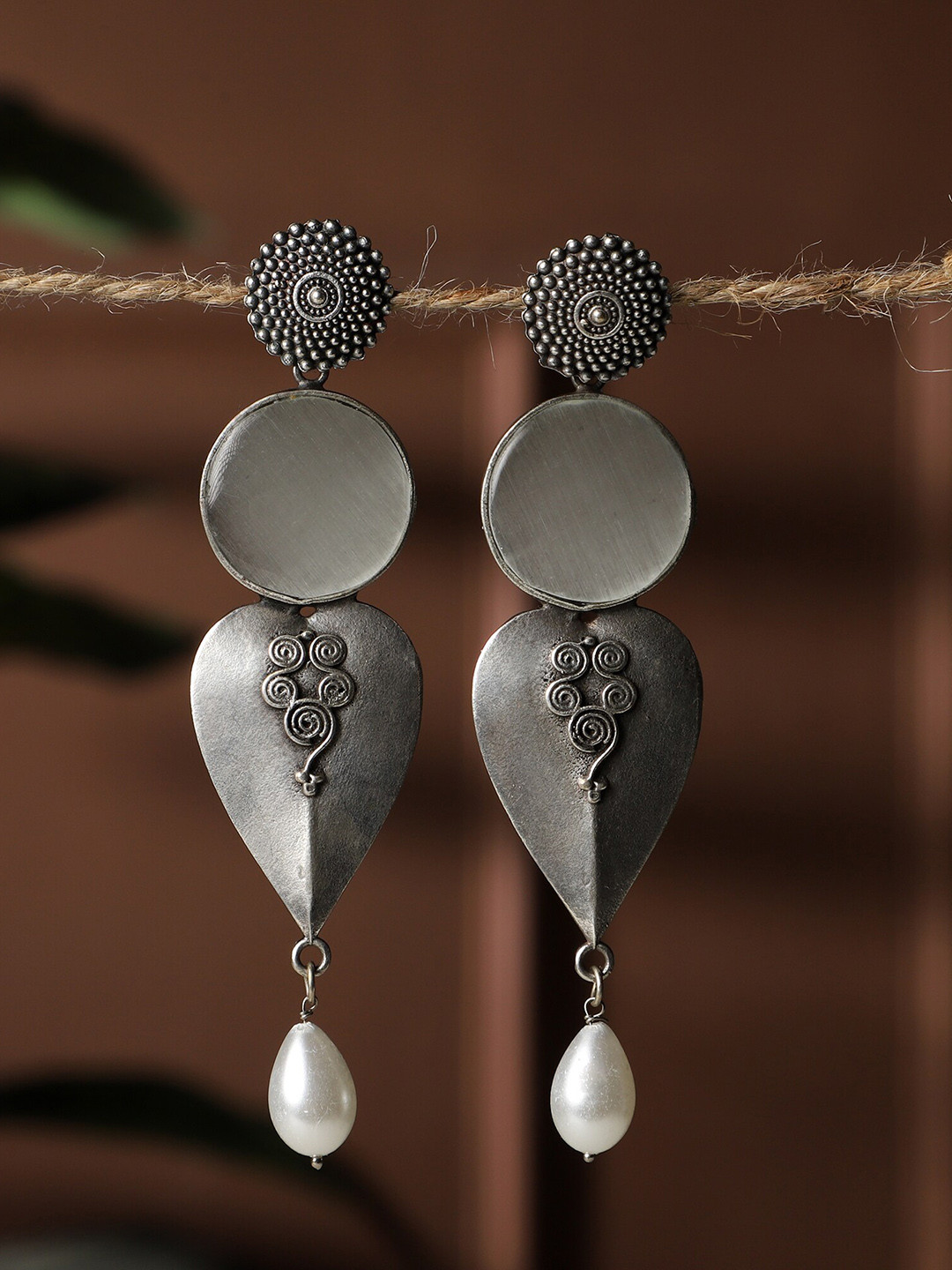 PATOLA BY VJ Silver-Plated Beads & Stone Studded Teardrop Shaped Oxidised Drop Earrings