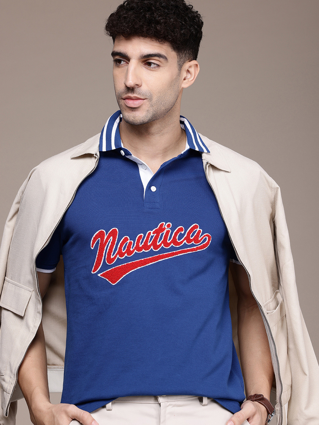 Nautica Brand Logo Self Design Polo Collar Pure Cotton Casual T-shirt