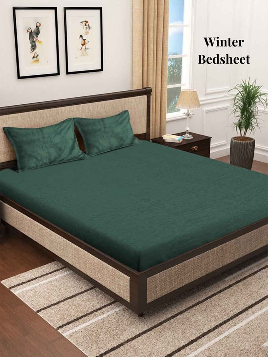 Arrabi Green Cotton 250 TC King Fine Bedsheet with 2 Pillow Covers-93 x 85 inches