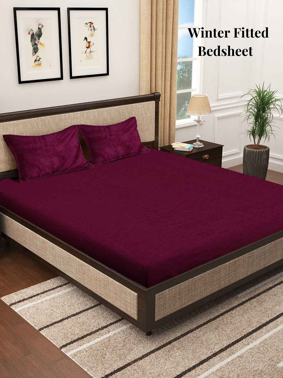 Arrabi Maroon Wool 250 TC Fitted King Fine Bedsheet with 2 Pillow Covers-106 x 102 inches