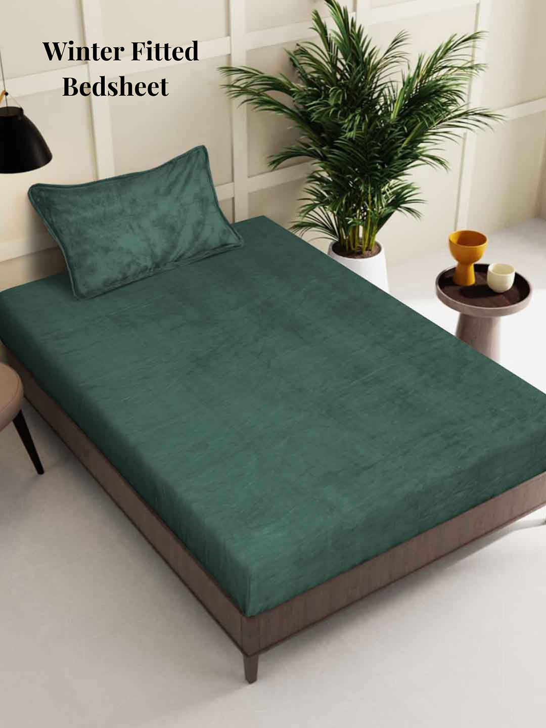 Arrabi Green Wool 300 TC Fitted Single Fine Bedsheet with a Pillow Cover-85 x 59 inches