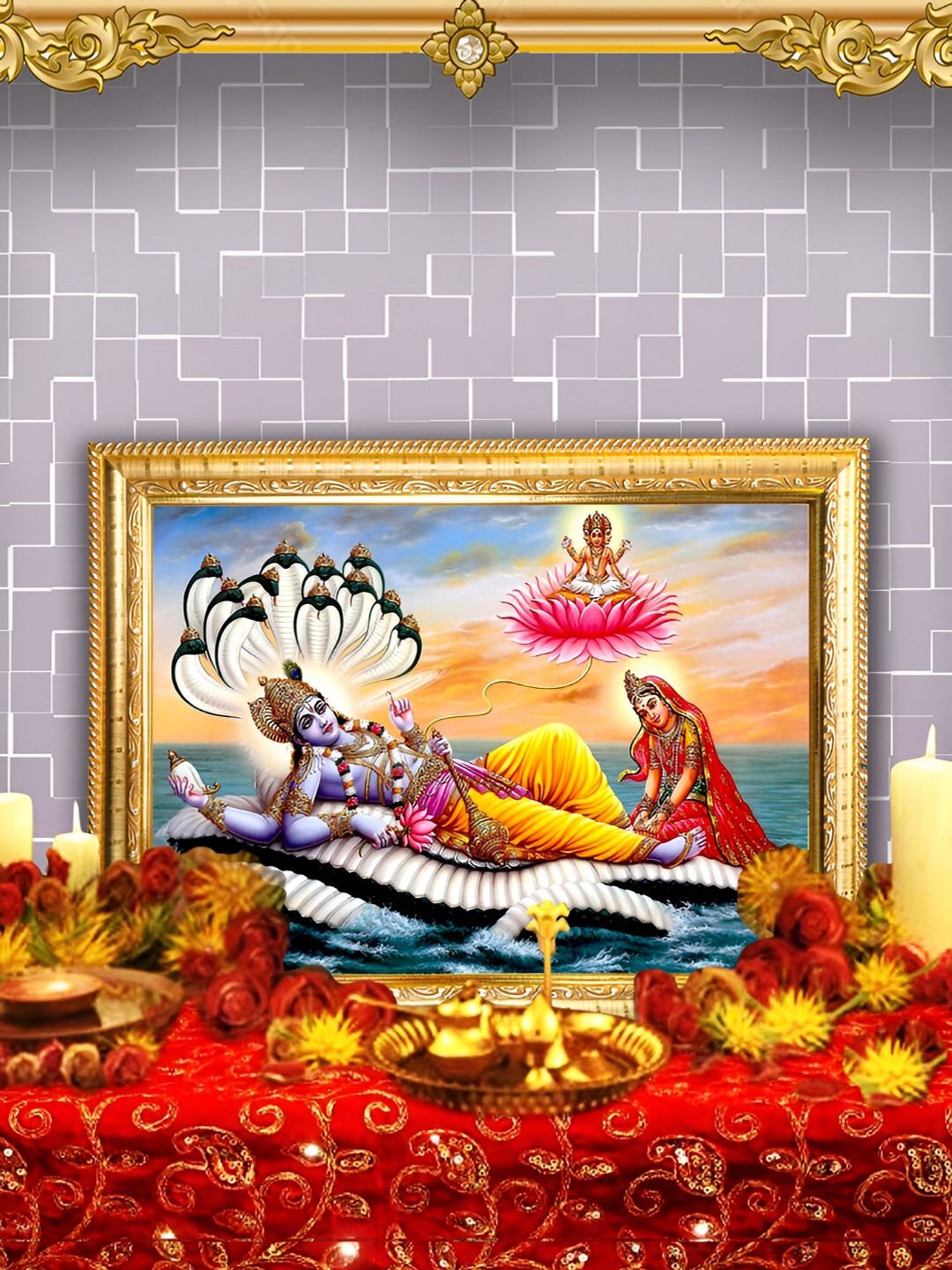 Hawai Gold-Toned & Pink Lord Bramha Vishnu Laxmi Mata Gold Wall Wooden Photo Frame