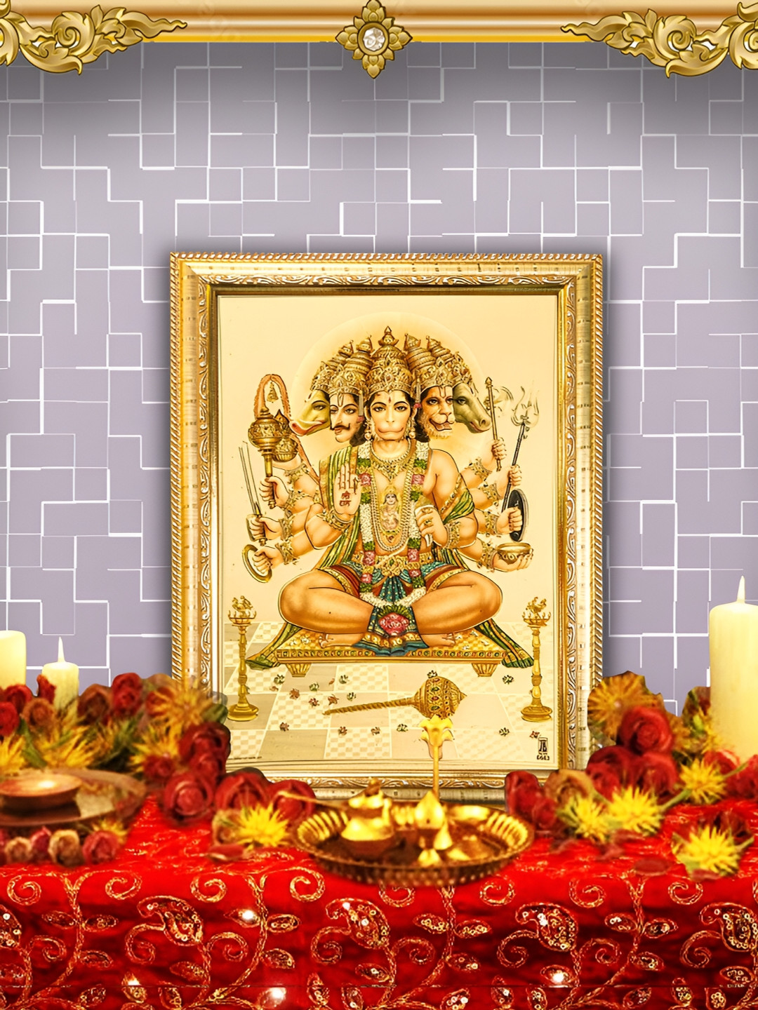 Hawai Gold-Toned & Green Pancha Mukhi Hanuman Ji Gold Plated Wall Wooden Photo Frames