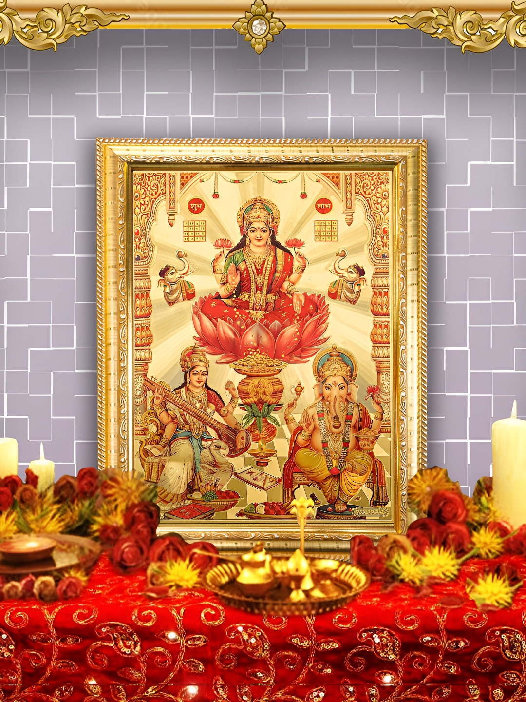 Hawai Gold-Toned & Pink Ganesh Laxmi Saraswati Gold Plated Wooden Wall Photo Frames