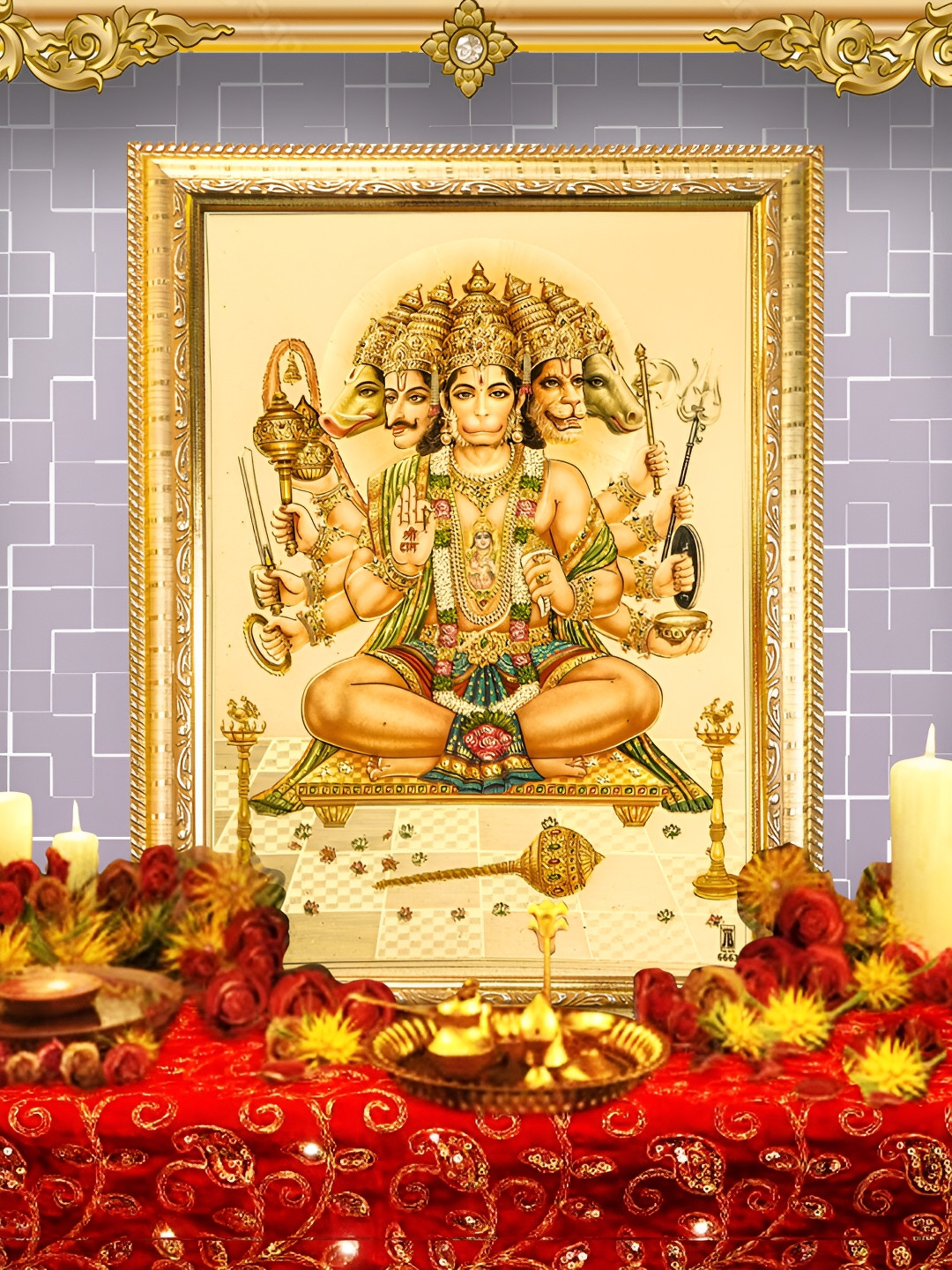 Hawai Gold-Toned & Green Pancha Mukhi Hanuman Ji Gold Plated Wooden Wall Photo Frame