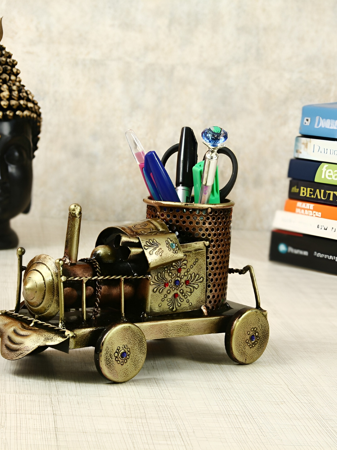 HANDICRAFTS PARADISE Engine shape penstand Gold Metal Metallic Living Room Small Showpiece - 8 Inches