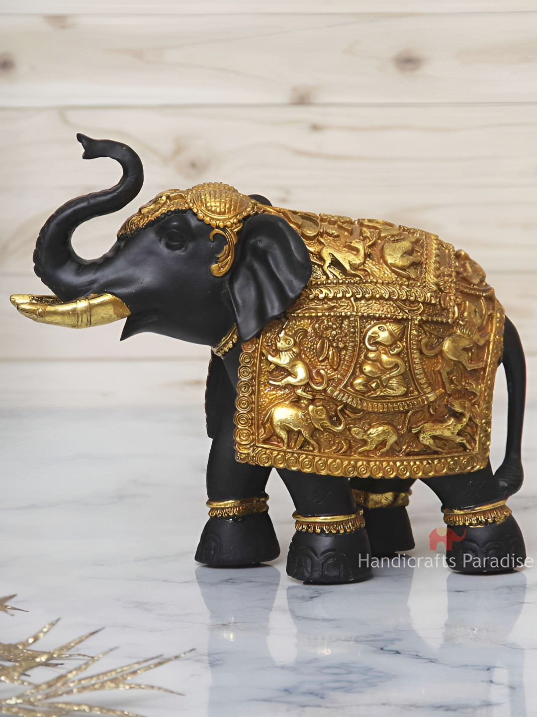 HANDICRAFTS PARADISE Royal Elephant Black Polyresin Natural Living Room Medium Showpiece - 9 Inches