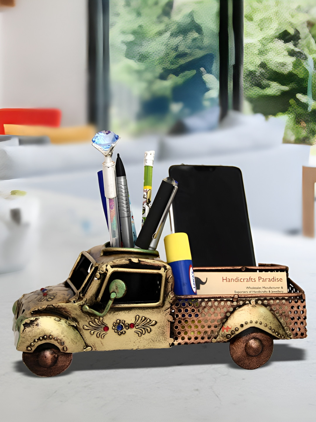 HANDICRAFTS PARADISE Truck Pen Stand and Mobile Holder Bronze Metal Metallic Home Office Medium Showpiece - 9.4 Inches