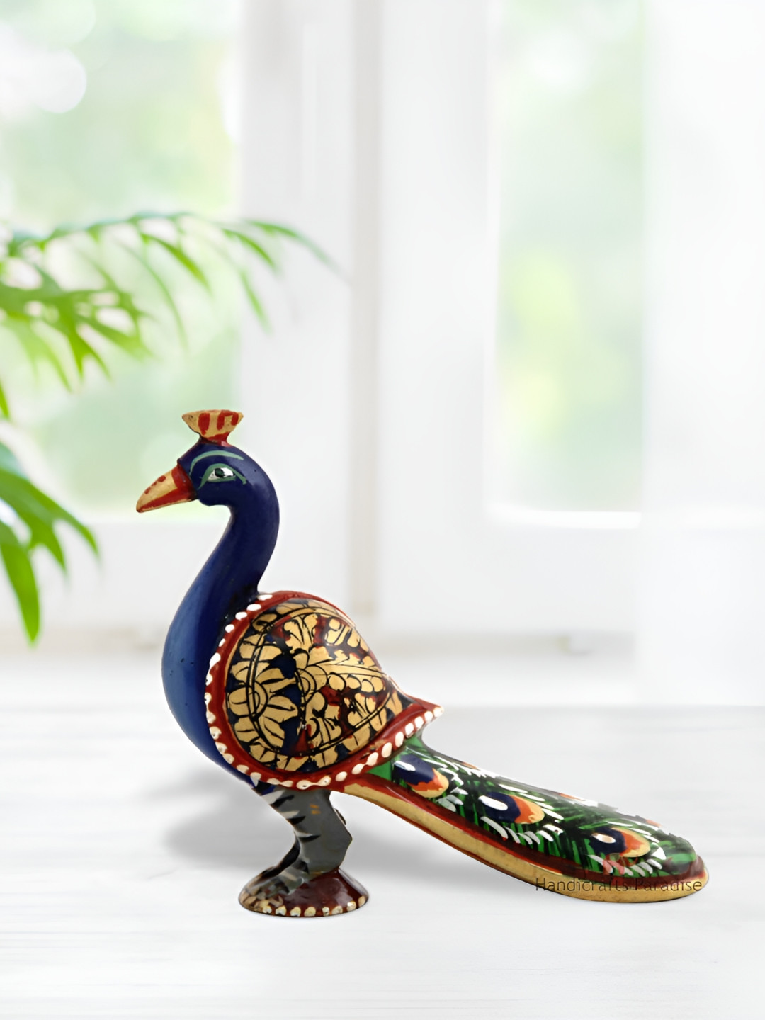 HANDICRAFTS PARADISE Peacock Blue Wood Natural Garden Hand-Crafted Small Showpiece - 3.5 Inches