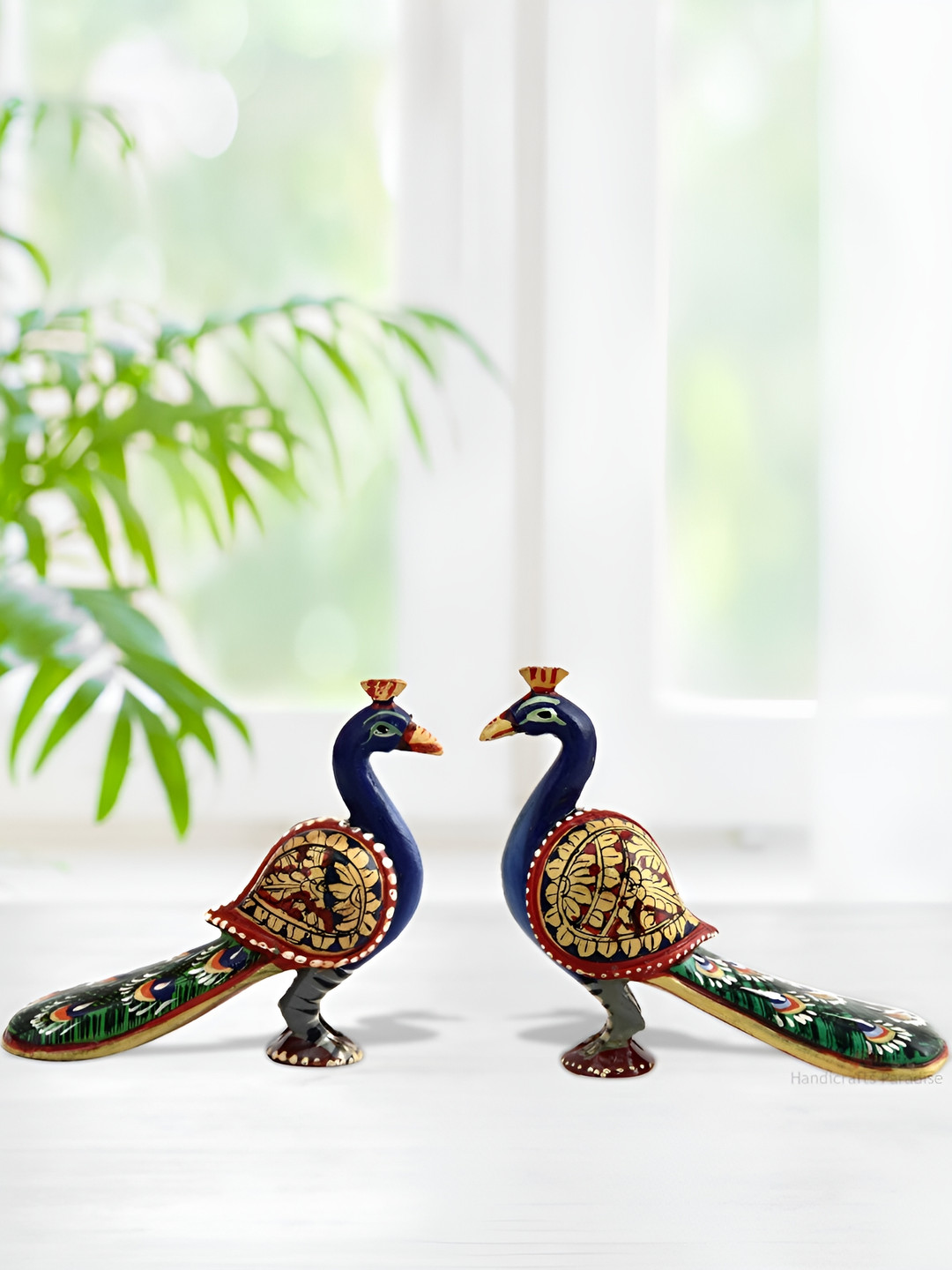 HANDICRAFTS PARADISE Peacock Blue Wood Natural Living Room Hand-Painted Set of 2 Small Showpieces - 4.3 Inches