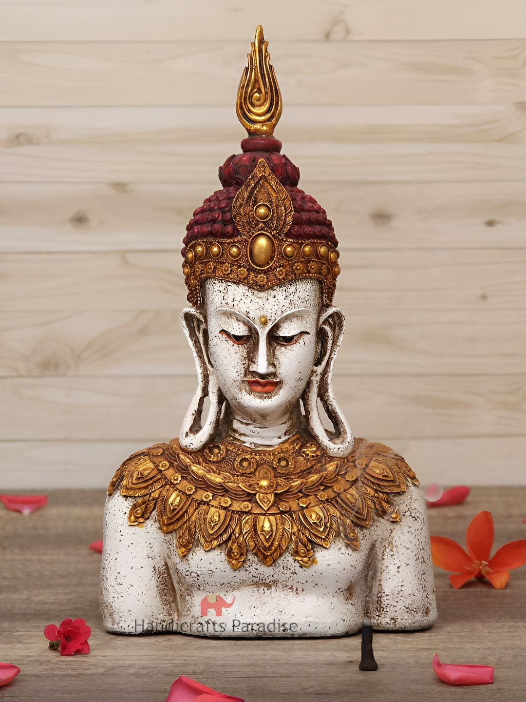 HANDICRAFTS PARADISE Tara Buddha White Polyresin Glossy Living Room Medium Showpiece - 13.5 Inches