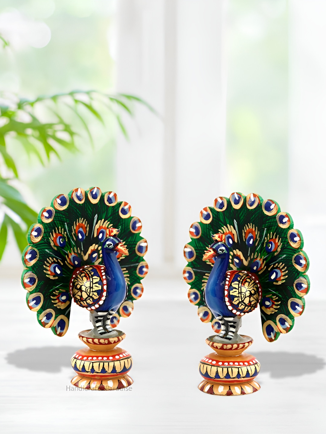 HANDICRAFTS PARADISE Blue 2 Pieces Peacock Showpiece