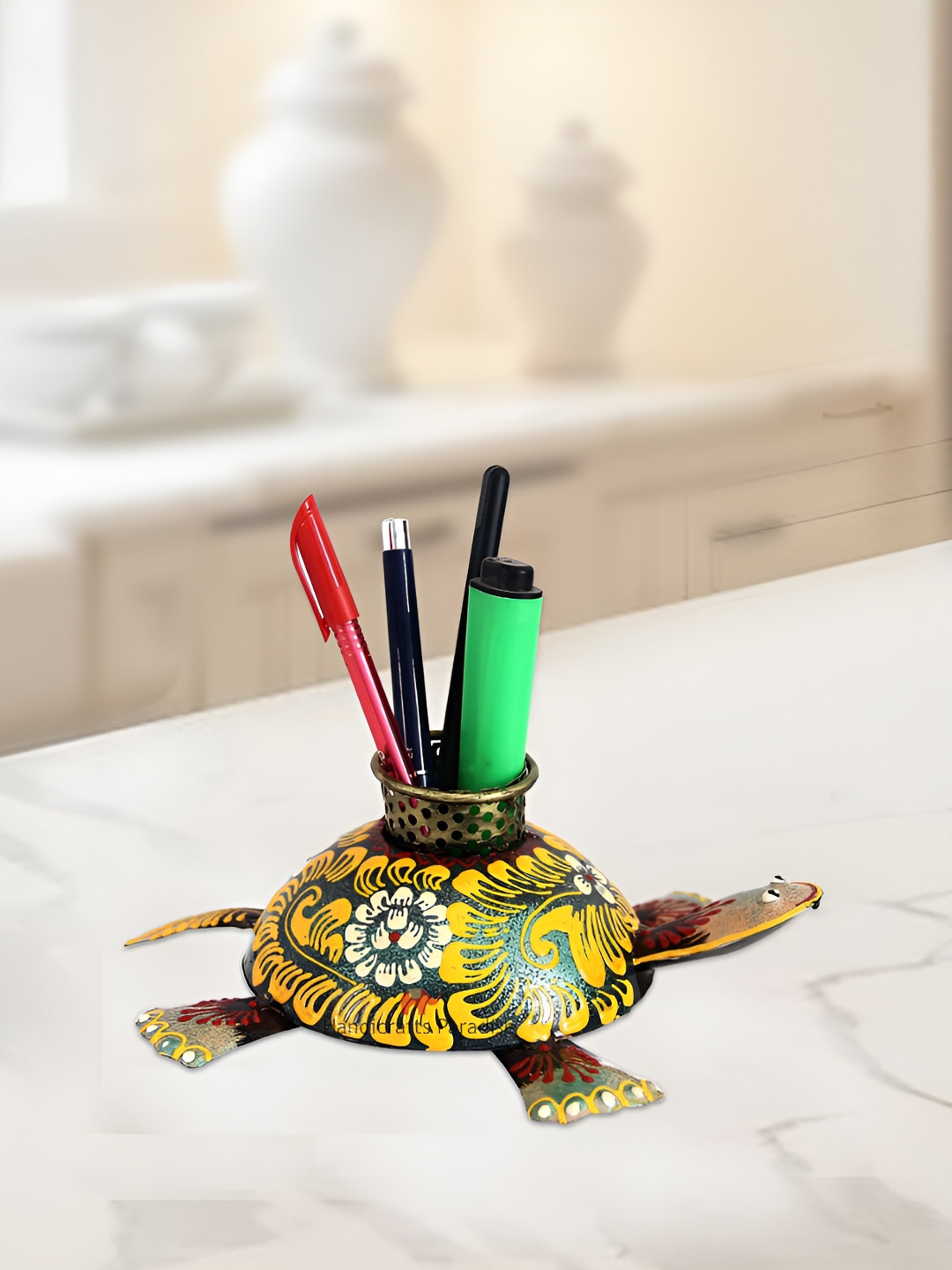 HANDICRAFTS PARADISE Tortoise Pen Stand Black Metal Metallic Living Room Hand-Crafted Small Showpiece - 9 Inches