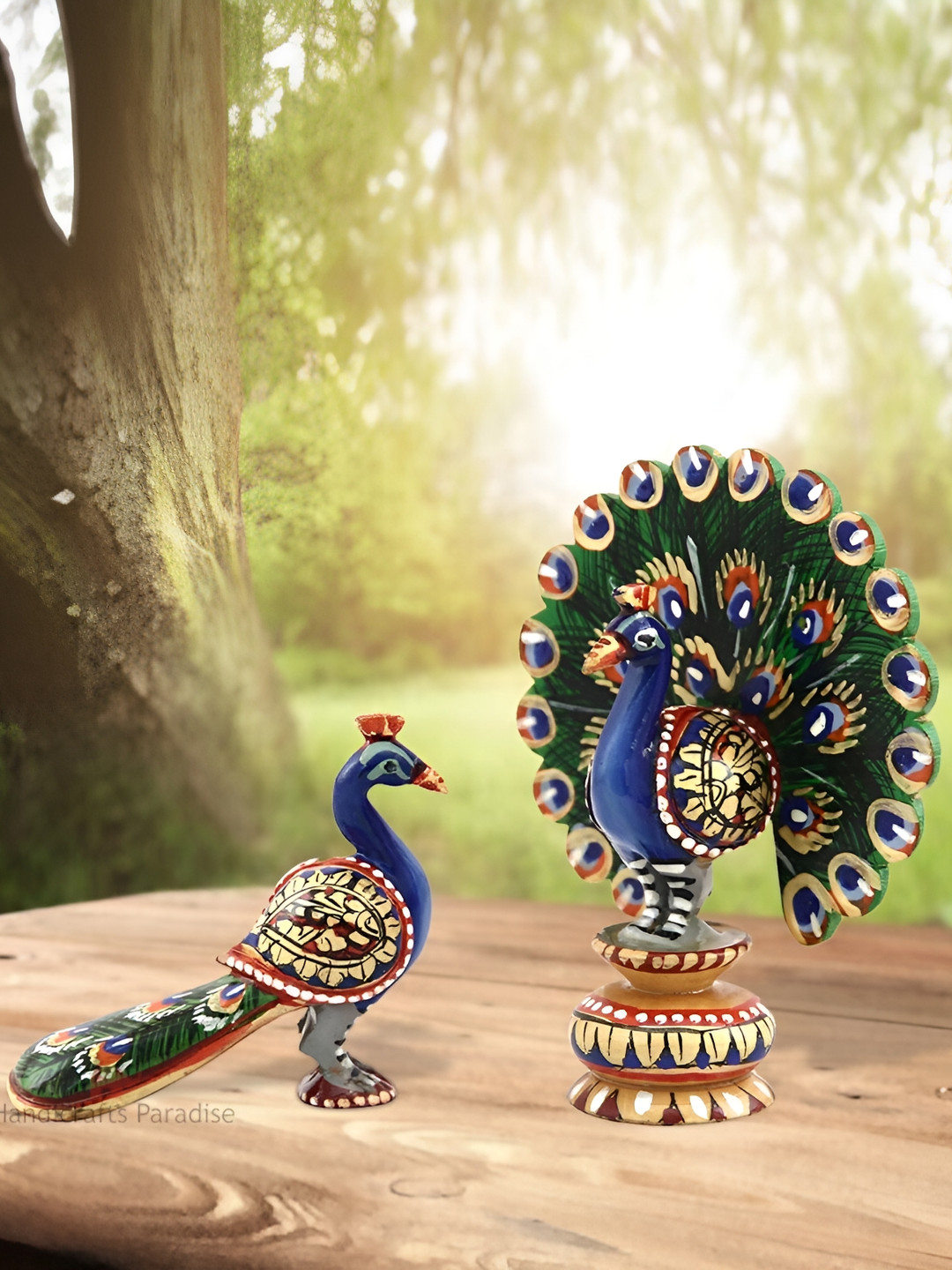 HANDICRAFTS PARADISE Peacock Dancing Blue Wood Natural Living Room Hand-Crafted Set of 2 Small Showpieces - 3.5 Inches