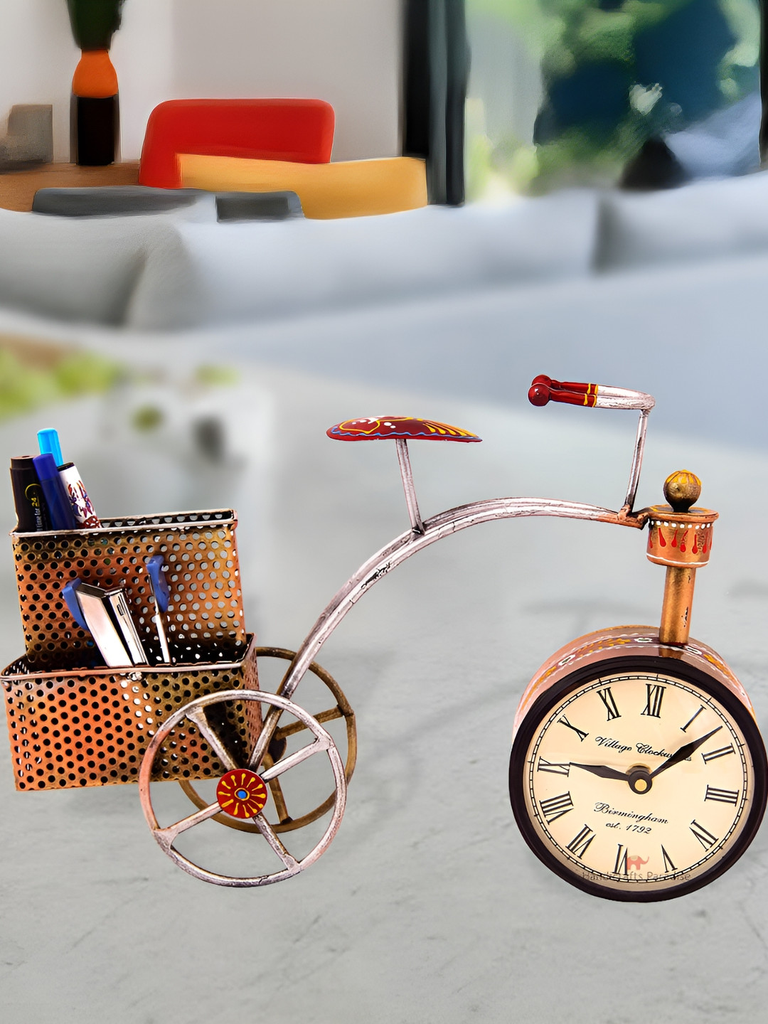HANDICRAFTS PARADISE Cycle Penstand with Clock Brown Metal Natural Living Room Medium Showpiece - 12.4 Inches