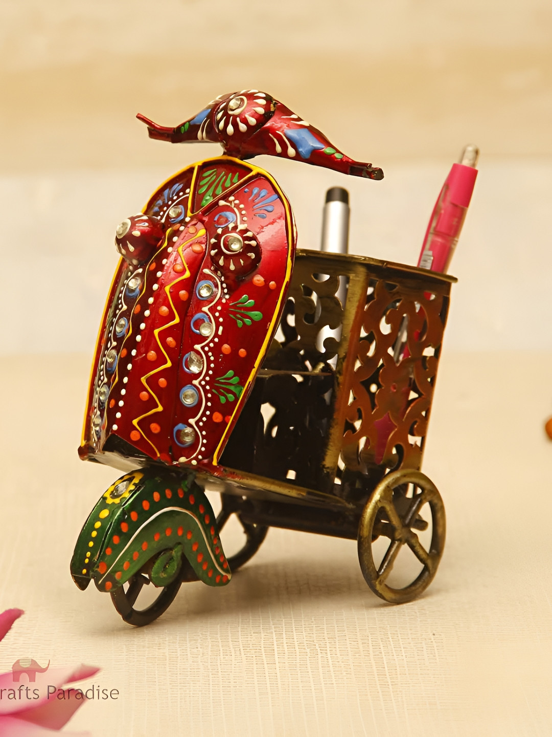 HANDICRAFTS PARADISE Scooter Pen Holder Red Metal Metallic Living Room Small Showpiece - 7 Inches